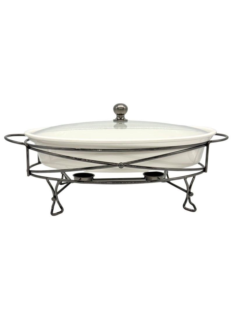 AL-GANNAS 2.2L Oval Ceramic Buffet Food Warmer on Metal Titanium Stand | With 2 Tealight Candle Holders, Chafing Dish for Keeping Food Warm - Image 3